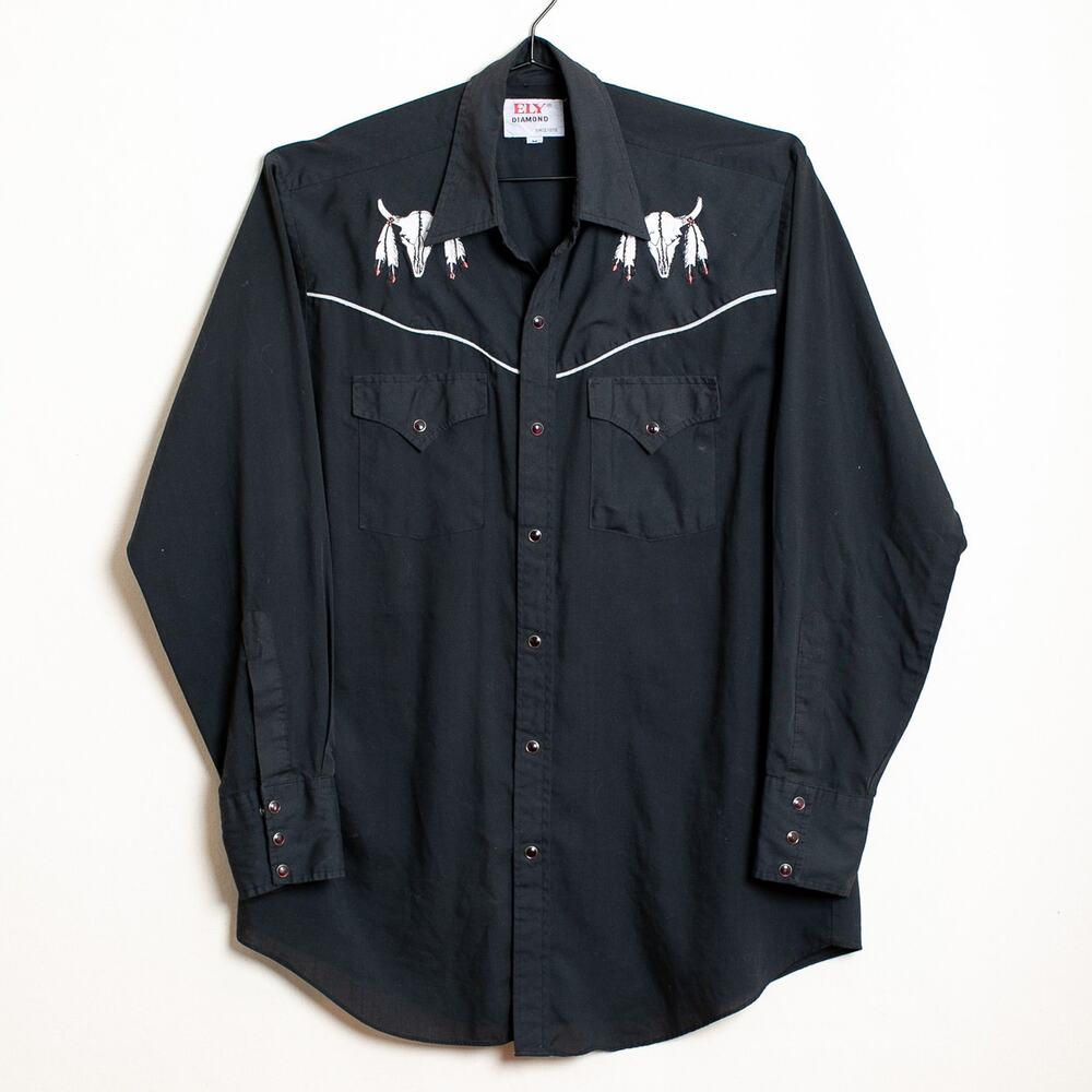 Vintage Ely Diamond Western Pearl Snap Shirt Black Skull Feather Embroidery L/XL